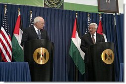 Vice President Dick Cheney and President Mahmoud Abbas of the Palestinian Authority deliver statements Sunday, March 23, 2008, following their meeting to discuss the Mideast peace process in Ramallah. White House photo by David Bohrer