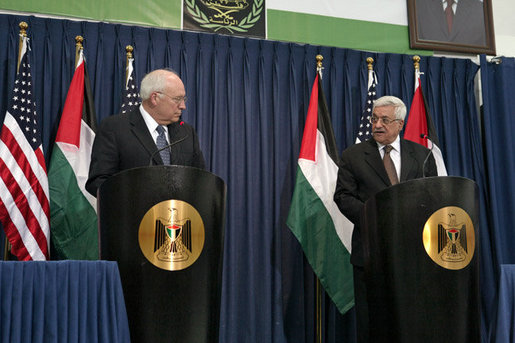 Vice President Dick Cheney and President Mahmoud Abbas of the Palestinian Authority deliver statements Sunday, March 23, 2008, following their meeting to discuss the Mideast peace process in Ramallah. White House photo by David Bohrer