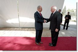 Vice President Dick Cheney is greeted by Israeli President Shimon Peres Sunday, March 23, 2008 for a meeting at the presidential residence in Jerusalem. White House photo by David Bohrer