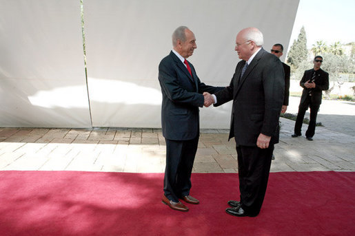 Vice President Dick Cheney is greeted by Israeli President Shimon Peres Sunday, March 23, 2008 for a meeting at the presidential residence in Jerusalem. White House photo by David Bohrer