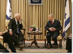 Vice President Dick Cheney meets with Israeli President Shimon Peres Sunday, March 23, 2008 at the presidential residence in Jerusalem. During the meetings Vice President Cheney expressed America's commitment to move forward with the Middle East peace process while addressing threats to both Israel and the U.S. White House photo by David Bohrer