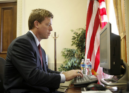 Hall of Fame football player Troy Aikman answered questions for "Ask the White House," Monday, March 24, 2008, after reading to children at the 2008 White House Easter Egg Roll. White House photo by Grant Miller