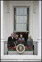 Mrs. Laura Bush, joined by President George W. Bush, daughter, Jenna, and former first lady Barbara Bush, welcomes guests Monday, March 24, 2008 to the South Lawn of the White House, for the 2008 White House Easter Egg Roll. White House photo by Joyce N. Boghosian