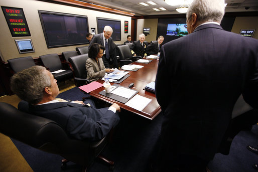 President George W. Bush is seen at a National Security Council meeting in the White House Situation Room Monday, March 24, 2008, during a video teleconference with General David Petraeus, Commander of the Multi-National Force-Iraq; and Ryan Crocker, U.S. Ambassador to Iraq. White House photo by Eric Draper