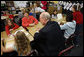 Mrs. Laura Bush, joined by Kansas U.S. Senator Pat Roberts, visits with students Tuesday, March 25, 2008, at the Rolling Ridge Elementary School in Olathe, Kansas. Mrs. Bush honored the school and students for their exceptional volunteer work. White House photo by Shealah Craighead