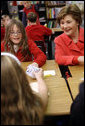 Mrs. Laura Bush meets with students at the Rolling Ridge Elementary School Tuesday, March 25, 2008, in Olathe, Kansas, where Mrs. Bush honored the school and students for their amazing efforts to volunteer and help others. White House photo by Shealah Craighead