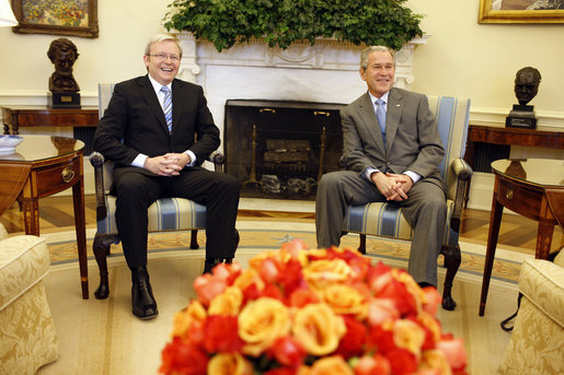 President George W. Bush meets with Australian Prime Minister Kevin Rudd Friday, March 28, 2008, in the Oval Office. White House photo by Eric Draper