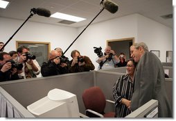 President George W. Bush greets employees prior to making remarks Friday, March 28, 2008, at Novadebt in Freehold, New Jersey. White House photo by Chris Greenberg