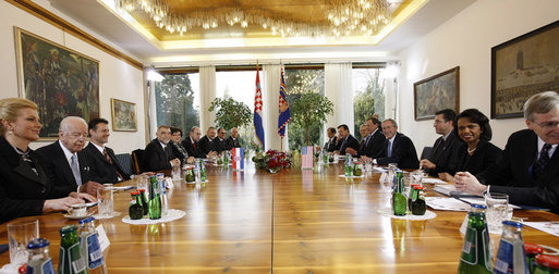 Members of the Croatian and United States delegations pause for photographs at the start of the meeting Friday, April 4, 2008, between President George W. Bush and President Stjepan Mesic in Zagreb. White House photo by Eric Draper