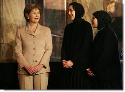 Mrs. Laura Bush smiles during her visit Friday, April 4, 2008, to Stavropoleos Church in Bucharest, Romania. The church, built in 1724, is an artistic monument displaying a well-balanced blend of Byzantine-oriental and Western-baroque elements. White House photo by Shealah Craighead