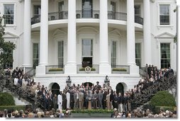 The Louisiana State University Tigers appear on the South Lawn Monday, April 7, 2008, as President George W. Bush welcomes the 2007 NCAA National Football to the White House.  White House photo by Chris Greenberg