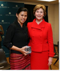 Mrs. Laura Bush poses for a photo with Charm Tong following the 2008 Vital Voices Global Leadership Awards Gala Monday, April 7, 2008, at The John F. Kennedy Center for Performing Arts in Washington, D.C. Mrs. Bush presented Charm Tong with the 2008 Vital Voices Global Leadership Award for her dedication in co-founding SWAN, the Shan Women's Action Network and established a school for Shan State youth who have fled Burma for Thailand.  White House photo by Shealah Craighead