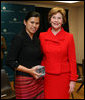 Mrs. Laura Bush poses for a photo with Charm Tong following the 2008 Vital Voices Global Leadership Awards Gala Monday, April 7, 2008, at The John F. Kennedy Center for Performing Arts in Washington, D.C. Mrs. Bush presented Charm Tong with the 2008 Vital Voices Global Leadership Award for her dedication in co-founding SWAN, the Shan Women's Action Network and established a school for Shan State youth who have fled Burma for Thailand. White House photo by Shealah Craighead