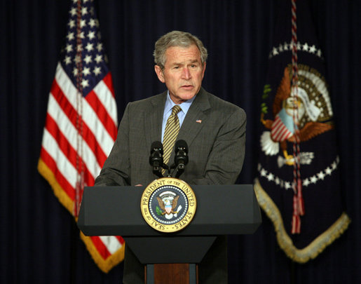 President George W. Bush delivers remarks on the Columbian Free Trade Agreement Monday, April 7, 2008, in Dwight D. Eisenhower Executive Office Building. White House photo by Joyce N. Boghosian