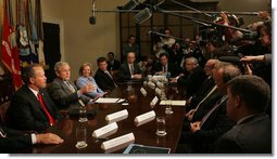 President George W. Bush meets with small and mid-sized business owners on the Economic Stimulus Package Monday, April 7, 2008, in the Roosevelt Room of the White House.  White House photo by Joyce N. Boghosian