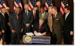 President George W. Bush signs H.R. 1593, the Second Chance Act of 2007, during a ceremony Wednesday, April 9, 2008, at the Eisenhower Executive Office Building. The Second Chance Act aims to reduce prison populations and corrections costs by reducing the recidivism rate. The bill provides Federal funding to develop programs dealing with job training, substance abuse, and family stability, as well as for employers who hire former prisoners. White House photo by Joyce N. Boghosian