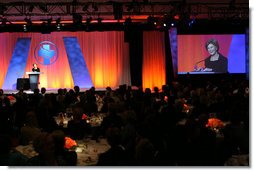 Mrs. Laura Bush accepts the 2008 Robert S. Folsom Leadership Award, presented by the Methodist Health System Foundation, Thursday, April 10, 2008, during an awards dinner at the Hilton Anatole Hotel in Dallas. In accepting the award, named after former Dallas Mayor Robert S. Folsom and which recognizes individuals who have demonstrated commitment and excellence in community leadership, Mrs. Bush said, "For more than 80 years, Methodist Health System has been an essential part of the Dallas community, and its good work reflects the faith-based principles of life, learning and compassion on which it was founded. I am honored to be here today to receive the Robert S. Folsom Leadership Award."  White House photo by Shealah Craighead