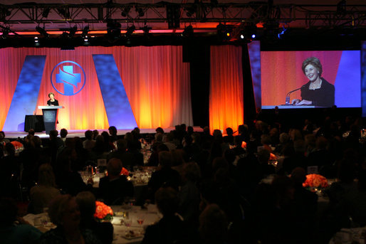 Mrs. Laura Bush accepts the 2008 Robert S. Folsom Leadership Award, presented by the Methodist Health System Foundation, Thursday, April 10, 2008, during an awards dinner at the Hilton Anatole Hotel in Dallas. In accepting the award, named after former Dallas Mayor Robert S. Folsom and which recognizes individuals who have demonstrated commitment and excellence in community leadership, Mrs. Bush said, "For more than 80 years, Methodist Health System has been an essential part of the Dallas community, and its good work reflects the faith-based principles of life, learning and compassion on which it was founded. I am honored to be here today to receive the Robert S. Folsom Leadership Award." White House photo by Shealah Craighead