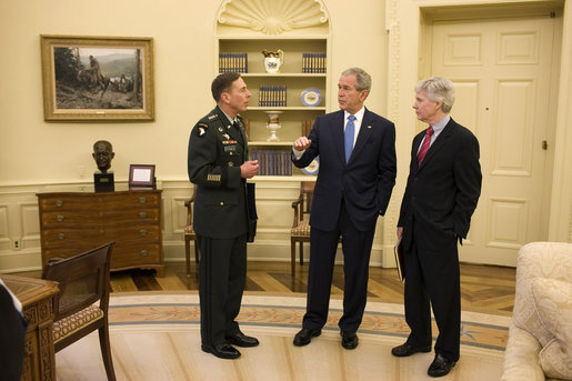 President George W. Bush meets with General David Petraeus, Commander of the Multi-National Force-Iraq, and U.S. Ambassador to Iraq Ryan Crocker Thursday, April 10, 2008, at the White House. White House photo by Eric Draper