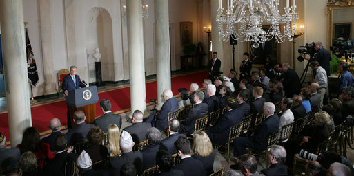 Standing in Cross Hall at the White House, President George W. Bush delivers a statement Thursday, April 10, 2008, on Iraq after meeting with General David Petraeus, Commander of Multi-National Force-Iraq, and U.S. Ambassador to Iraq Ryan Crocker. White House photo by Chris Greenberg