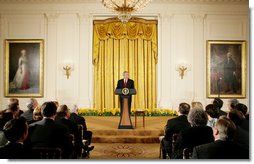 President George W. Bush addresses invited guests Monday evening, April 14, 2008 to the East Room of the White House, during a reception in honor of the 265th birthday of former President Thomas Jefferson.  White House photo by Chris Greenberg