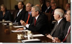 President George W. Bush makes a statement to the media after his Cabinet meeting Monday, April 14, 2008, at the White House. The President recapped the meeting, saying the Cabinet discussed a variety of subjects including tax cuts, free trade agreements and legislation for beach monitoring and landscape conservation.  White House photo by Eric Draper