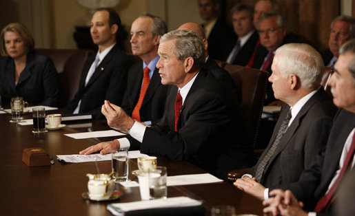 President George W. Bush makes a statement to the media after his Cabinet meeting Monday, April 14, 2008, at the White House. The President recapped the meeting, saying the Cabinet discussed a variety of subjects including tax cuts, free trade agreements and legislation for beach monitoring and landscape conservation. White House photo by Eric Draper