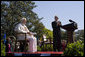 President George W. Bush applauds Pope Benedict XVI, Wednesday, April 16, 2008, during an arrival ceremony for the Pope on the South Lawn. During his remarks the Pope encouraged the American people saying, "I am confident that the American people will find in their religious beliefs a precious source of insight and an inspiration to pursue reasoned, responsible and respectful dialogue in the effort to build a more human and free society." White House photo by David Bohrer