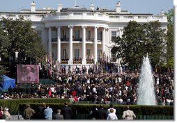 Pope Benedict XVI delivers a message to thousands of invited guests Wednesday, April 16, 2008, on the South Lawn of the White House. White House photo by Grant Miller