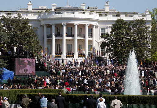 Pope Benedict XVI delivers a message to thousands of invited guests Wednesday, April 16, 2008, on the South Lawn of the White House. White House photo by Grant Miller