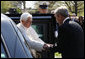 President George W. Bush shakes hands with Pope Benedict XVI on his arrival to the White House Wednesday, April 16, 2008, for the welcoming ceremony on the South Lawn in honor of the Pope’s visit to the United States. White House photo by Eric Draper