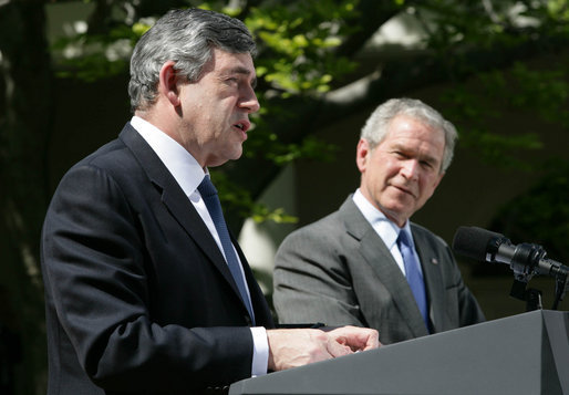 Prime Minister Gordon Brown of the United Kingdom, remarks during a joint press availability Thursday, April 17, 2008, in the Rose Garden of the White House. Said Prime Minister Brown, "The world owes President George Bush a huge debt of gratitude for leading the world in our determination to root out terrorism, and to ensure that there is no safe haven for terrorism and no hiding place for terrorists." White House photo by Joyce N. Boghosian