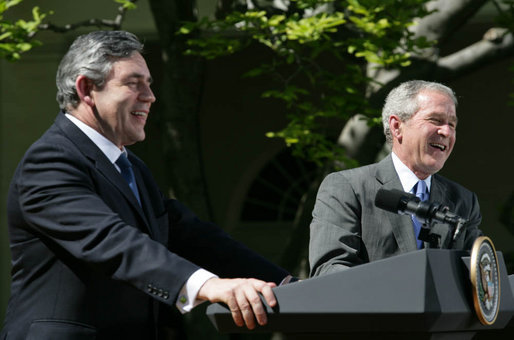 Prime Minister Gordon Brown of the United Kingdom, and President George W. Bush break out in laughter as they respond to a reporter's questions Thursday, April 17, 2008, during a joint press availability at the White House. White House photo by Joyce N. Boghosian