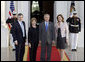 President George W. Bush and Laura Bush welcome British Prime Minister Gordon Brown and his wife, Sarah Brown, to the White House Thursday evening, April 17, 2008, for a private social dinner. White House photo by Shealah Craighead