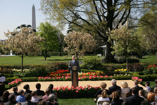 President George W. Bush addresses recipients of the President's Environmental Youth Awards during a ceremony Thursday, April 17, 2008, in the Rose Garden of the White House. Established in 1971, the awards recognize students from grades K-12 who have led environmental efforts in their communities. The awards are administered by the Environmental Protection Agency (EPA), and each of the EPA’s 10 regional offices selects a winner or group of winners. White House photo by Shealah Craighead