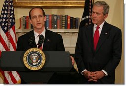 President George W. Bush listens as Steve Preston, the President's nominee for Secretary of Housing and Urban Development, makes remarks during the announcement Friday, April 18, 2008, in the Roosevelt Room of the White House. Acknowledging the President's nomination, Mr. Preston said, "As we help people pursue the American Dream, we need to have a market to operate fairly and effectively for all Americans. And our solutions must restore confidence in our markets, while not erecting barriers to future entrepreneurs, investors and home buyers." White House photo by Shealah Craighead