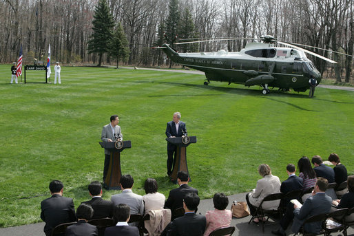 President George W. Bush and South Korean President Lee Myung-bak make remarks during a joint press availability Saturday, April 19, 2008, at the Presidential retreat at Camp David, Md. White House photo by Joyce N. Boghosian