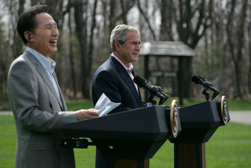 South Korean President Lee Myung-bak laughs as President George W. Bush speaks of President Lee's nickname the "Bulldozer" during a joint press availability Saturday, April 19, 2008, at the Presidential retreat at Camp David, Md. During his remarks, President Bush said, "President Lee is the first Korean President to visit Camp David. And I don't know if the American citizens understand your nickname -- you're known as the "Bulldozer." He said to make sure that it was a bulldozer with a computer. And the reason why is this is a man who takes on big challenges and he doesn't let obstacles get in the way. I like his spirit, I like his candor, and I like his optimistic vision. But most of all I really appreciate his values." White House photo by Shealah Craighead