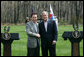 President George W. Bush shakes hands with South Korean President Lee Myung-bak at the conclusion of a joint press availability Saturday, April 19, 2008, at the Presidential retreat at Camp David, Md. White House photo by Shealah Craighead