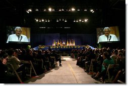 Pope Benedict XVI delivers remarks Sunday, April 20, 2008 at a farewell ceremony for the Pope at JFK Airport in New York. Vice President Dick Cheney and Mrs. Lynne Cheney joined the Pope for the farewell ceremony following the Holy Father's visit to New York where he celebrated Mass at Yankee Stadium and visited ground zero.  White House photo by Shealah Craighead