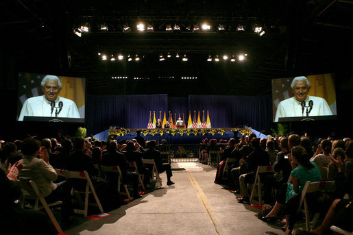 Pope Benedict XVI delivers remarks Sunday, April 20, 2008 at a farewell ceremony for the Pope at JFK Airport in New York. Vice President Dick Cheney and Mrs. Lynne Cheney joined the Pope for the farewell ceremony following the Holy Father's visit to New York where he celebrated Mass at Yankee Stadium and visited ground zero. White House photo by Shealah Craighead