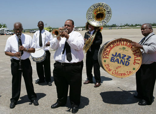 Members of the Preservation Hall Jazz Band are seen on the tarmac at Louis Armstrong New Orleans International Airport Monday, April 21, 2008, offering a musical welcome for North American leaders President George W. Bush, Mexico President Felipe Calderon and Canadian Prime Minister Stephen Harper at their arrivals to attend the 2008 North American Leaders’ Summit. White House photo by Chris Greenberg