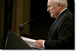 Vice President Dick Cheney delivers remarks on U.S. economic and national security policy issues Monday, April 21, 2008, to the Manhattan Institute in New York. White House photo by David Bohrer