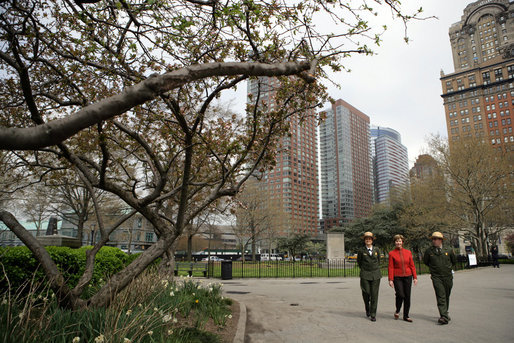 Mrs. Laura Bush discusses the history of Castle Clinton National Monument with Ms. Maria Burks, National Parks Service, Commissioner, National Parks of NY Harbor and Superintendent, Manhattan Sites, and Mr. Mike Amato, National Parks Service Ranger Monday, April 21, 2008, during her visit to the First Bloom Event at the Castle Clinton National Monument in New York City. White House photo by Shealah Craighead