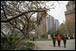 Mrs. Laura Bush discusses the history of Castle Clinton National Monument with Ms. Maria Burks, National Parks Service, Commissioner, National Parks of NY Harbor and Superintendent, Manhattan Sites, and Mr. Mike Amato, National Parks Service Ranger Monday, April 21, 2008, during her visit to the First Bloom Event at the Castle Clinton National Monument in New York City. White House photo by Shealah Craighead