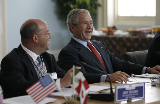 President George W. Bush shares a laugh with NBC Universal CEO Jeff Zucker Tuesday, April 22, 2008, during a meeting with the North American Competitiveness Council, attended by Mexico's President Felipe Calderon and Canada's Prime Minster Stephen Harper at the 2008 North American Leaders' Summit in New Orleans. White House photo by Joyce N. Boghosian