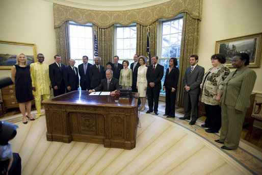 President George W. Bush pauses after signing a presidential proclamation Friday, April 25, 2008, in the Oval Office, in honor of Malaria Awareness Day. The proclamation highlights his Administration's commitment to global health and continues the momentum behind the President's Malaria Initiative. In signing the proclamation, the President said, "Today, we renew our commitment to lead the world toward the urgent goal and noble mission of turning the tide against malaria in Africa and around the world." White House photo by Joyce N. Boghosian