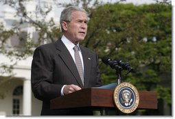 President George W. Bush delivers a statement Friday, April 25, 2008, on the South Grounds of the White House regarding the economic stimulus rebate checks. "I'm pleased that the Treasury Department has worked quickly to get the money into the hands of the American people. Starting Monday, the effects of the stimulus will begin to reach millions of households across our country."  White House photo by Joyce N. Boghosian