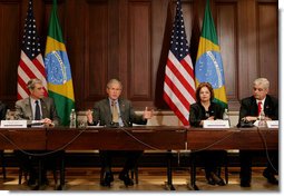 President George W. Bush addresses his remarks at the U.S.-Brazil Forum, Monday, April 28, 2008, at the Eisenhower Executive Office Building in Washington, D.C., joined by U.S. Secretary of Commerce Carlos Gutierrez, left and Brazil Presidential Chief of Staff and Minister Dilma Vana Rousseff, and Miguel Jorge, Brazil's Minister of Development, Industry and Foreign Trade. White House photo by Chris Greenberg