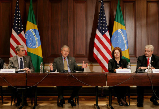 President George W. Bush addresses his remarks at the U.S.-Brazil Forum, Monday, April 28, 2008, at the Eisenhower Executive Office Building in Washington, D.C., joined by U.S. Secretary of Commerce Carlos Gutierrez, left and Brazil Presidential Chief of Staff and Minister Dilma Vana Rousseff, and Miguel Jorge, Brazil's Minister of Development, Industry and Foreign Trade. White House photo by Chris Greenberg